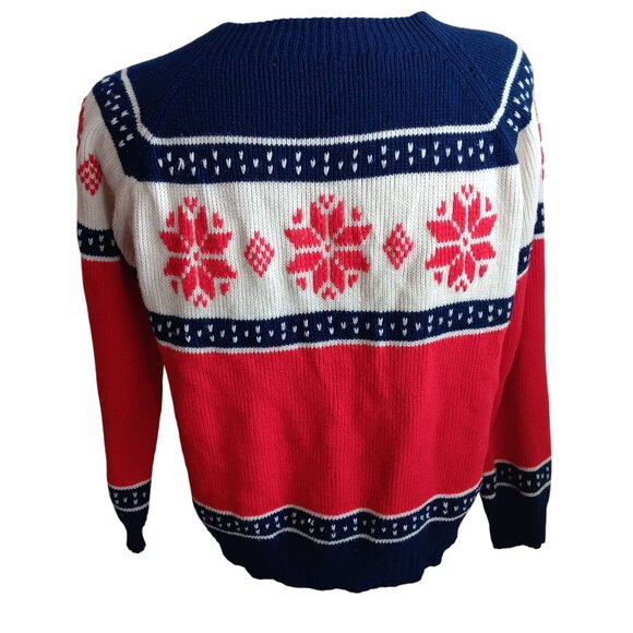 Men's Large Vintage Sweater 1970's Nordic Style Knit Snowflake Red White Blue - Picture 2 of 10
